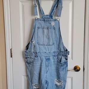 Men's Distressed Long  Light Denim Overalls, Size XL